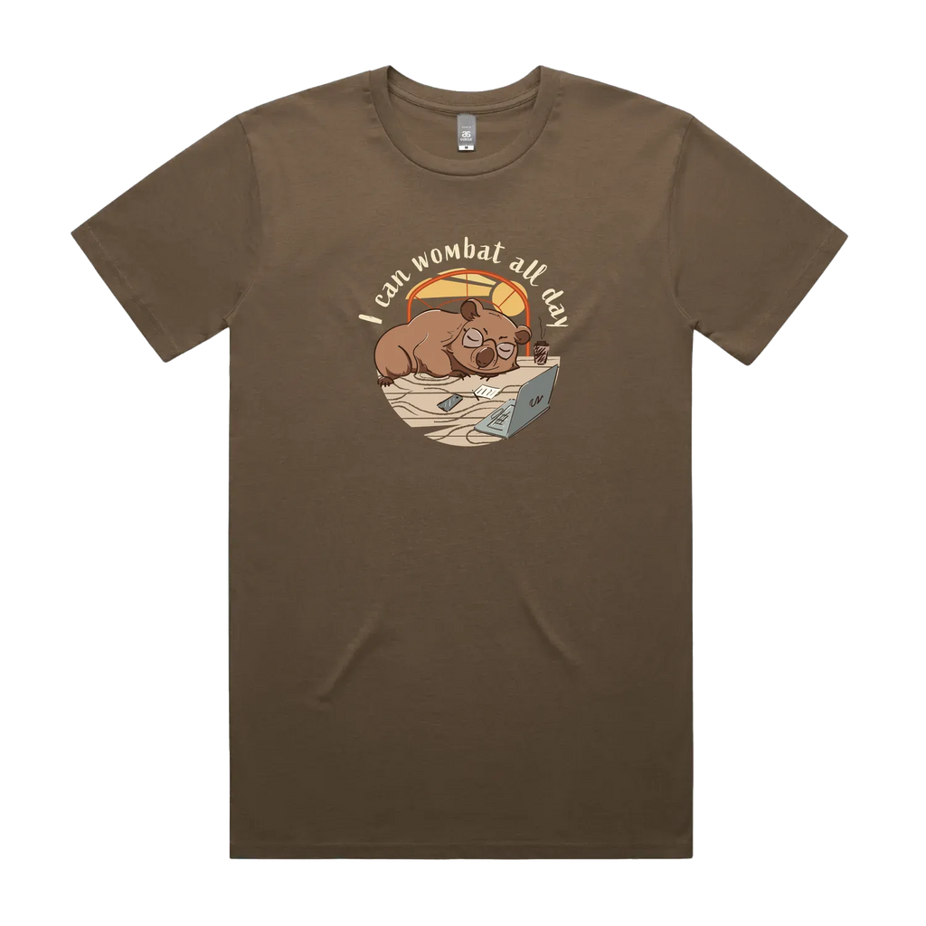 Funny Australian men's walnut t-shirt with hand drawn wombat design