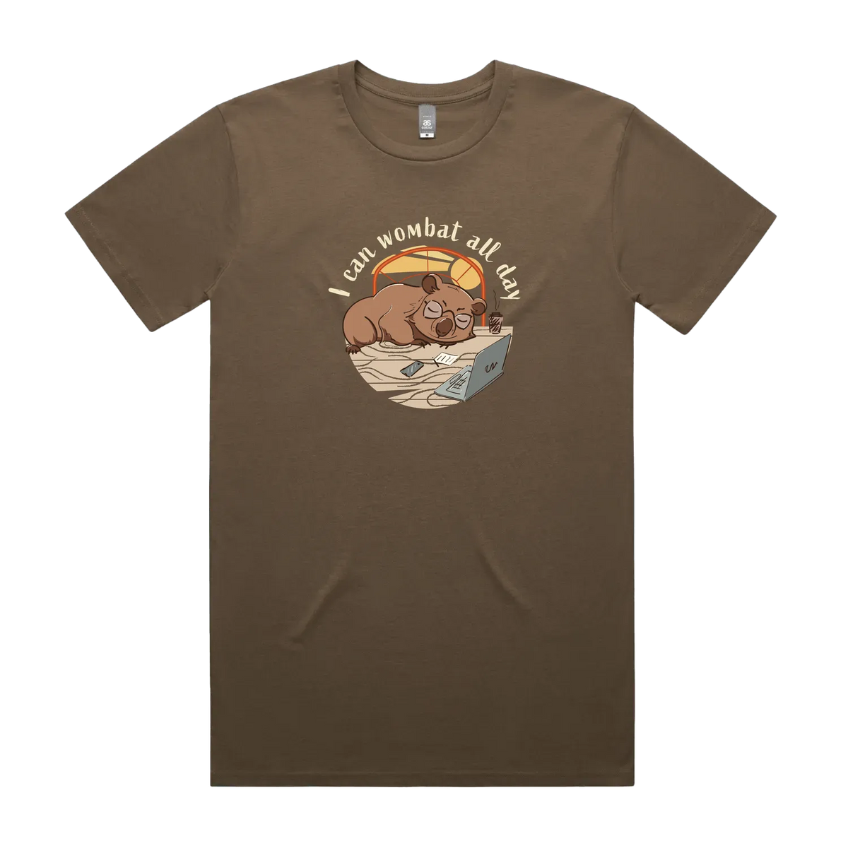 Funny Australian men's walnut t-shirt with hand drawn wombat design