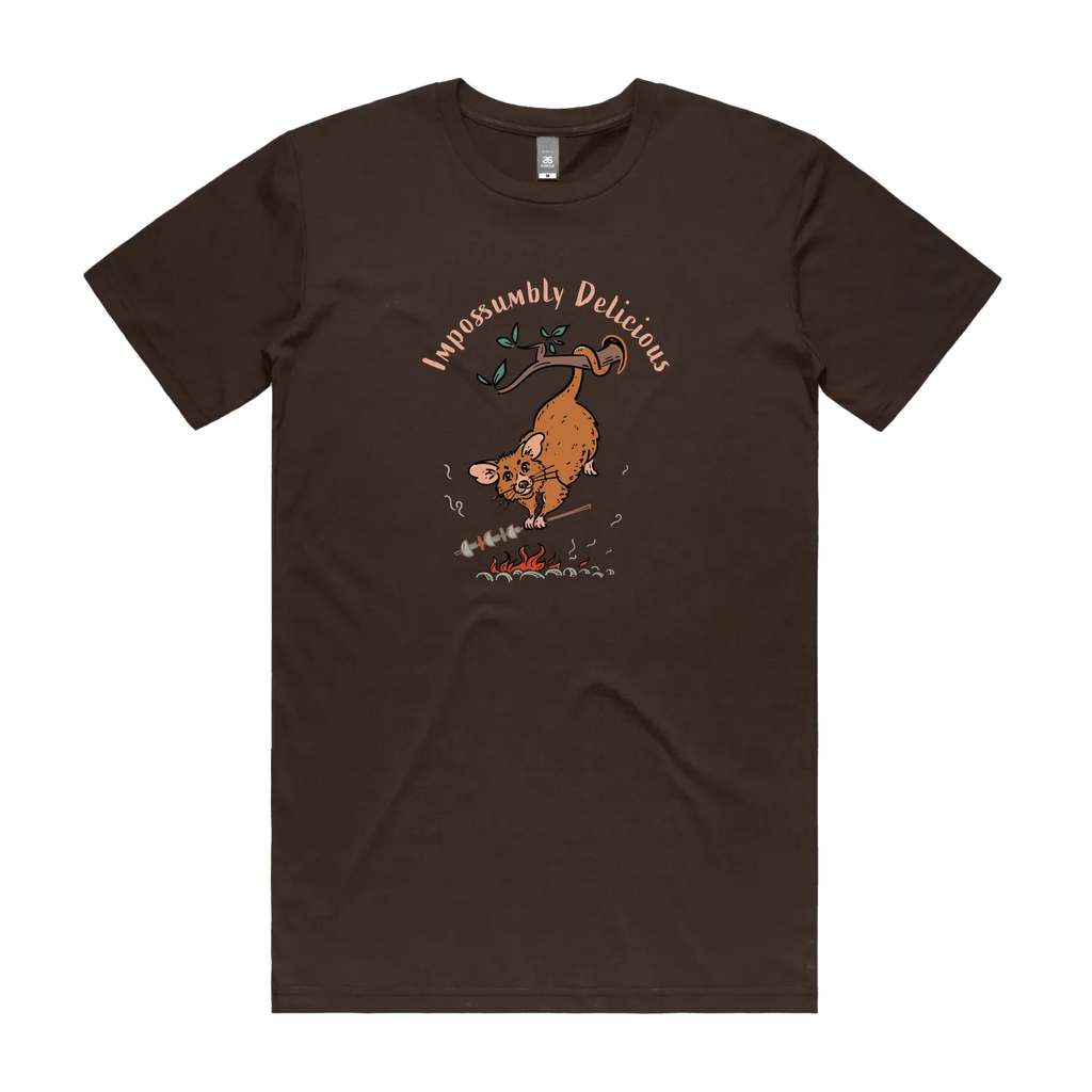 Funny Men's possum t-shirt featuring a hand-drawn Australian possum hanging from a branch and cooking over an open fire with Impossumbly Delicious slogan, perfect as a gift