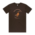 Funny Men's possum t-shirt featuring a hand-drawn Australian possum hanging from a branch and cooking over an open fire with Impossumbly Delicious slogan, perfect as a gift