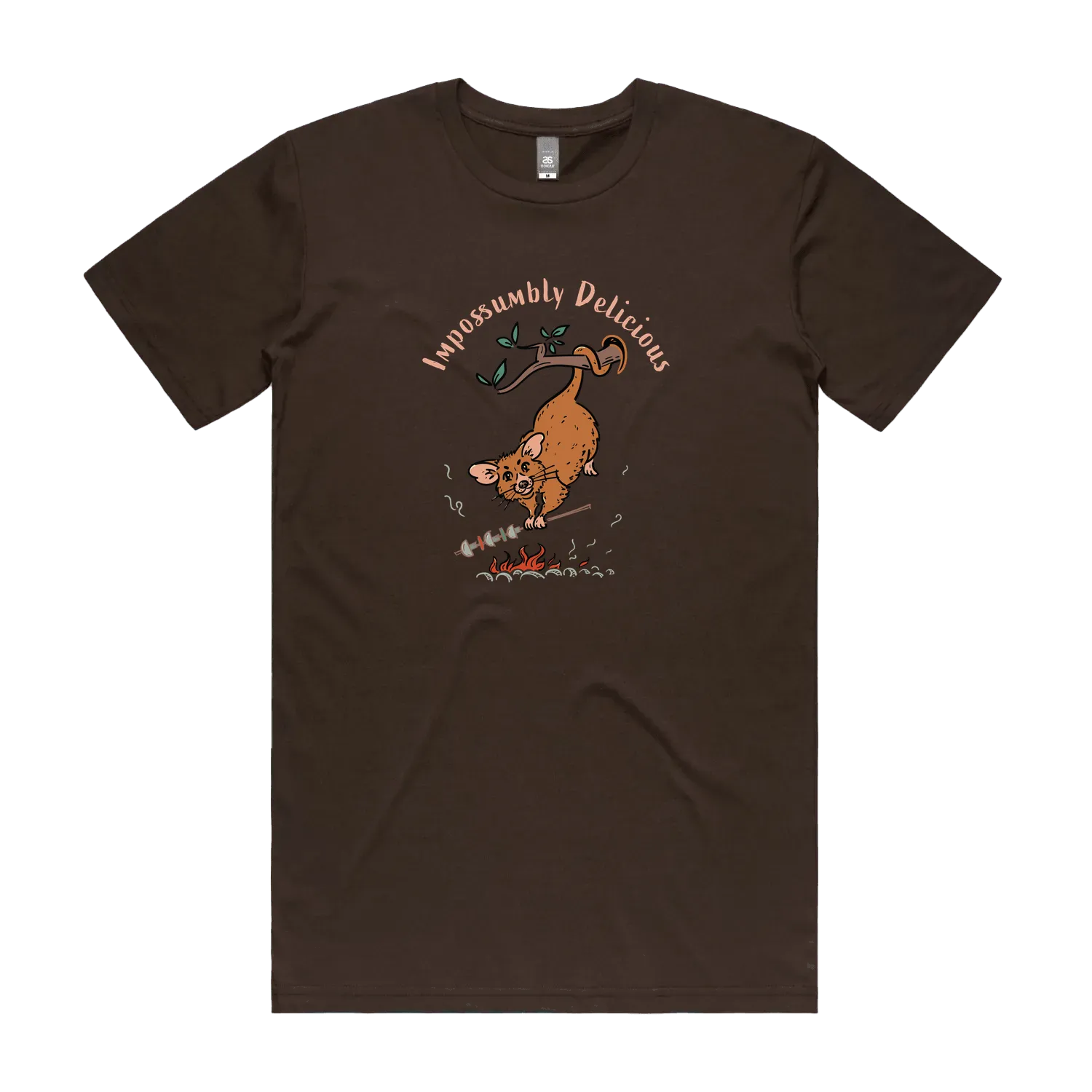 Funny Men's possum t-shirt featuring a hand-drawn Australian possum hanging from a branch and cooking over an open fire with Impossumbly Delicious slogan, perfect as a gift