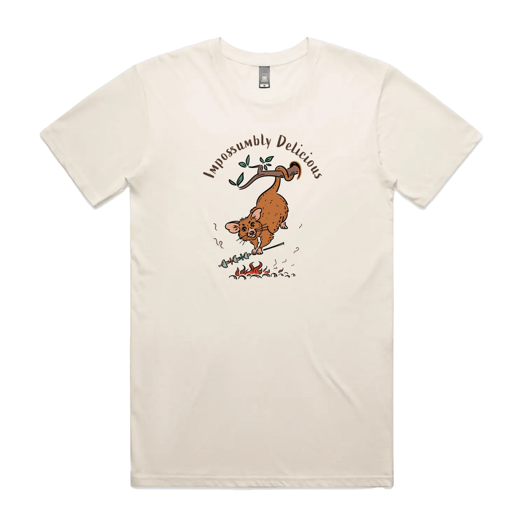 Funny Men's possum t-shirt featuring a hand-drawn Australian possum hanging from a branch and cooking over an open fire with Impossumbly Delicious slogan, perfect as a gift