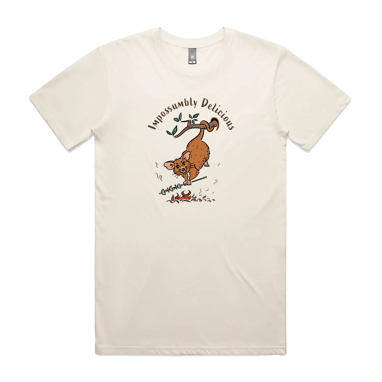 Funny Men's possum t-shirt featuring a hand-drawn Australian possum hanging from a branch and cooking over an open fire with Impossumbly Delicious slogan, perfect as a gift