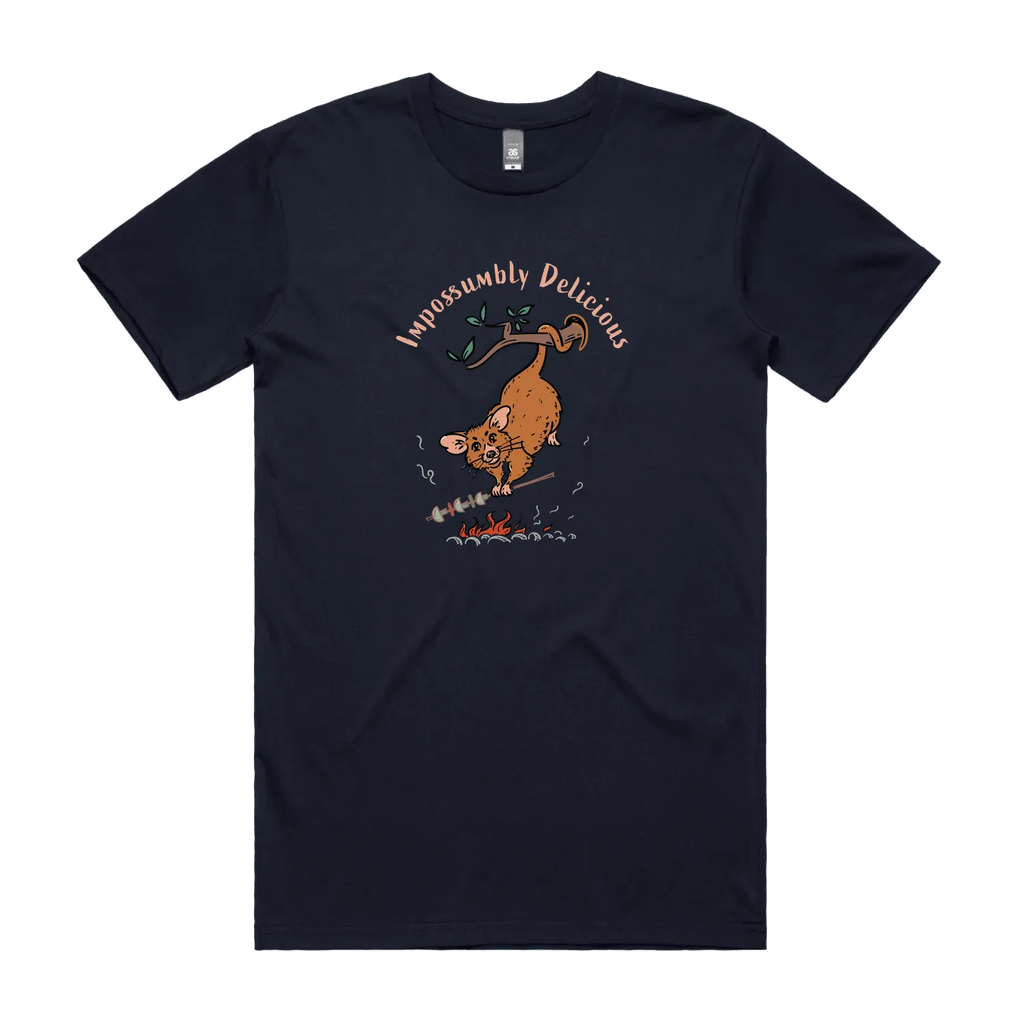 Funny Men's possum t-shirt featuring a hand-drawn Australian possum hanging from a branch and cooking over an open fire with Impossumbly Delicious slogan, perfect as a gift