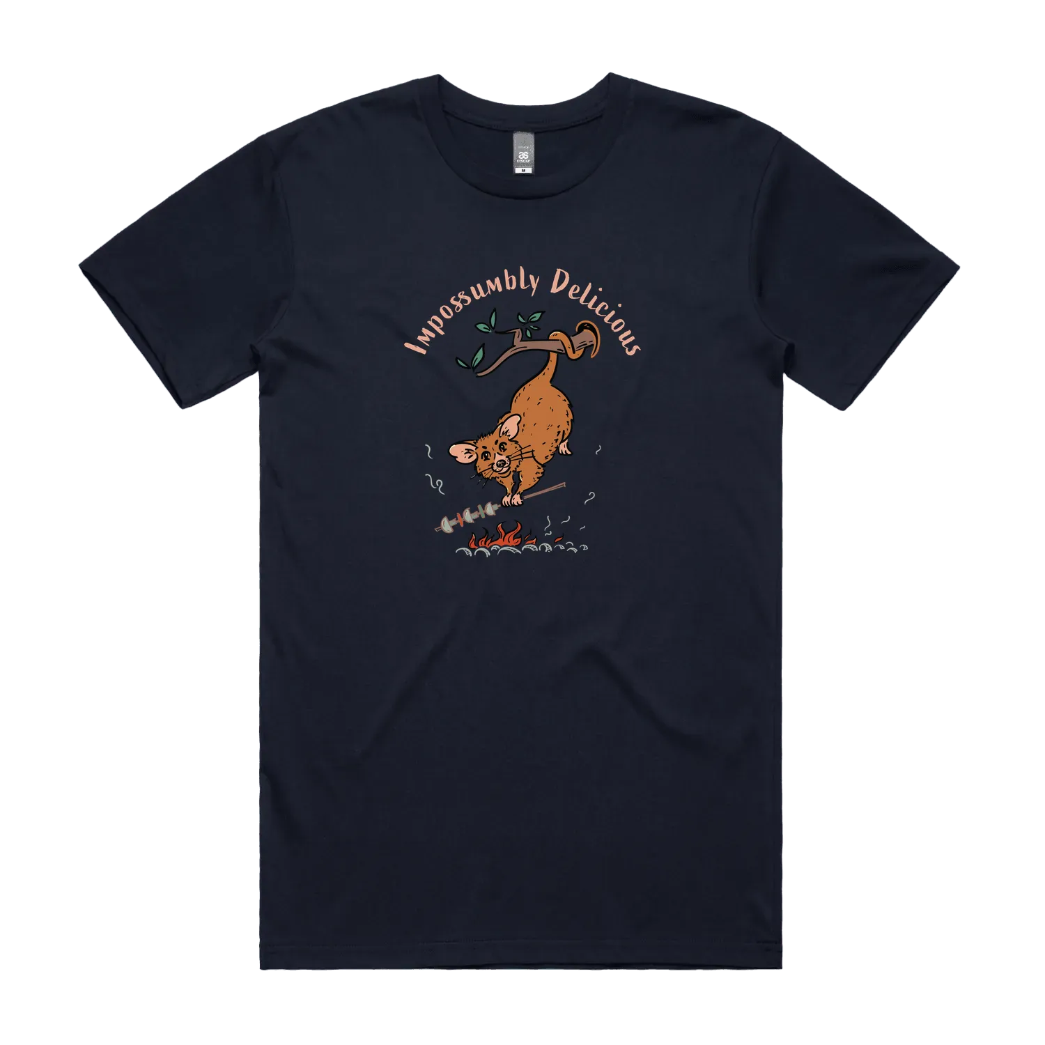 Funny Men's possum t-shirt featuring a hand-drawn Australian possum hanging from a branch and cooking over an open fire with Impossumbly Delicious slogan, perfect as a gift