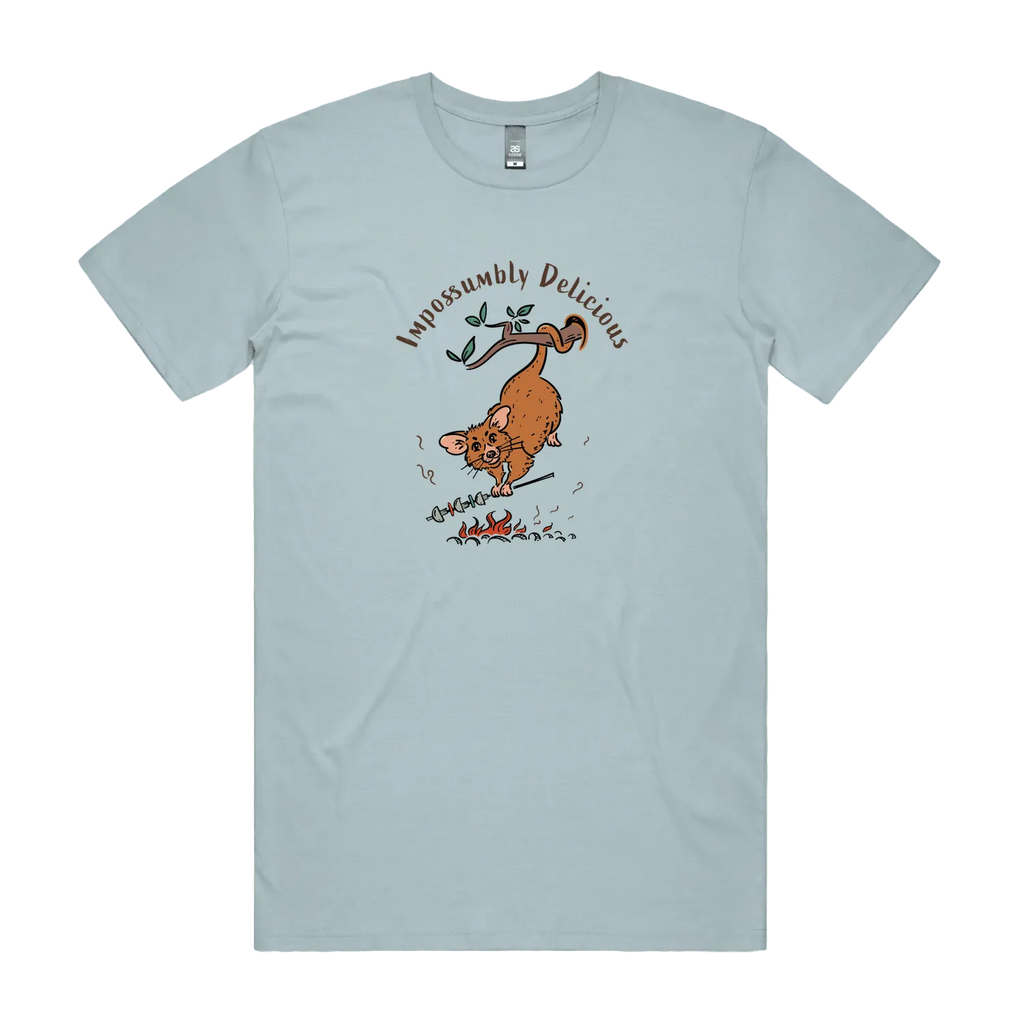 Funny Men's possum t-shirt featuring a hand-drawn Australian possum hanging from a branch and cooking over an open fire with Impossumbly Delicious slogan, perfect as a gift