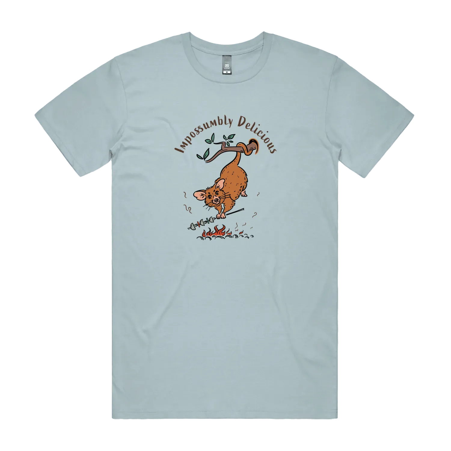 Funny Men's possum t-shirt featuring a hand-drawn Australian possum hanging from a branch and cooking over an open fire with Impossumbly Delicious slogan, perfect as a gift