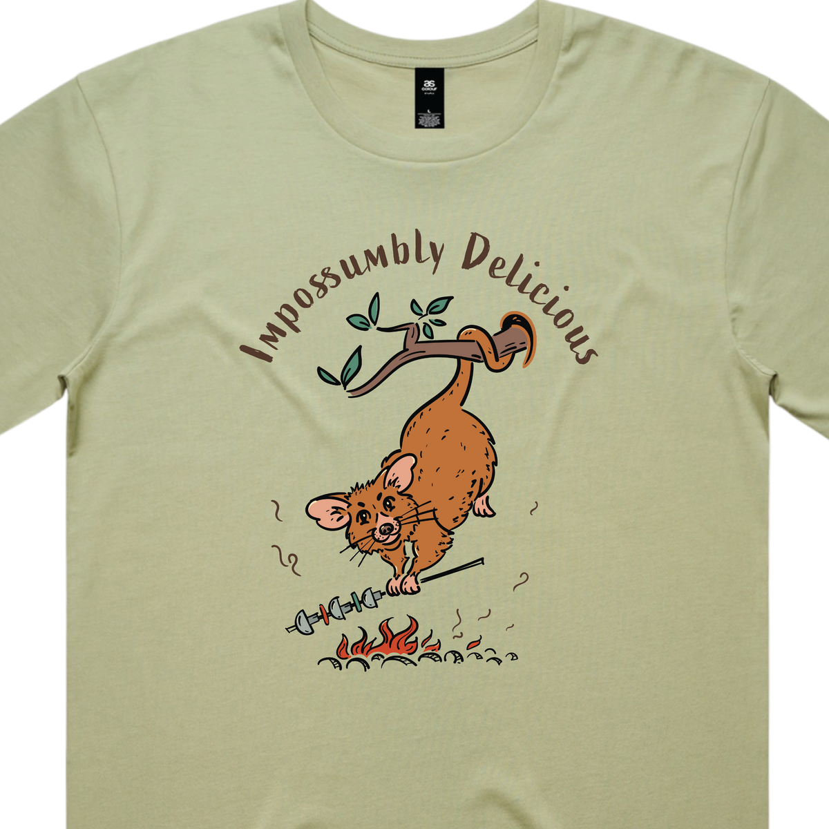 Funny Men's possum t-shirt featuring a hand-drawn Australian possum hanging from a branch and cooking over an open fire with Impossumbly Delicious slogan, perfect as a gift