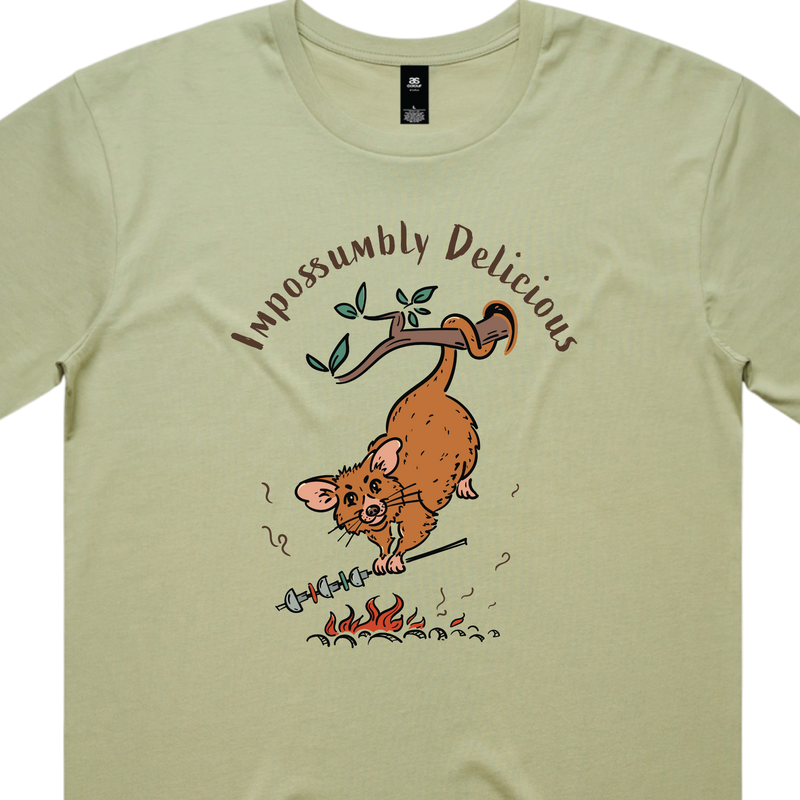 Funny Men's possum t-shirt featuring a hand-drawn Australian possum hanging from a branch and cooking over an open fire with Impossumbly Delicious slogan, perfect as a gift