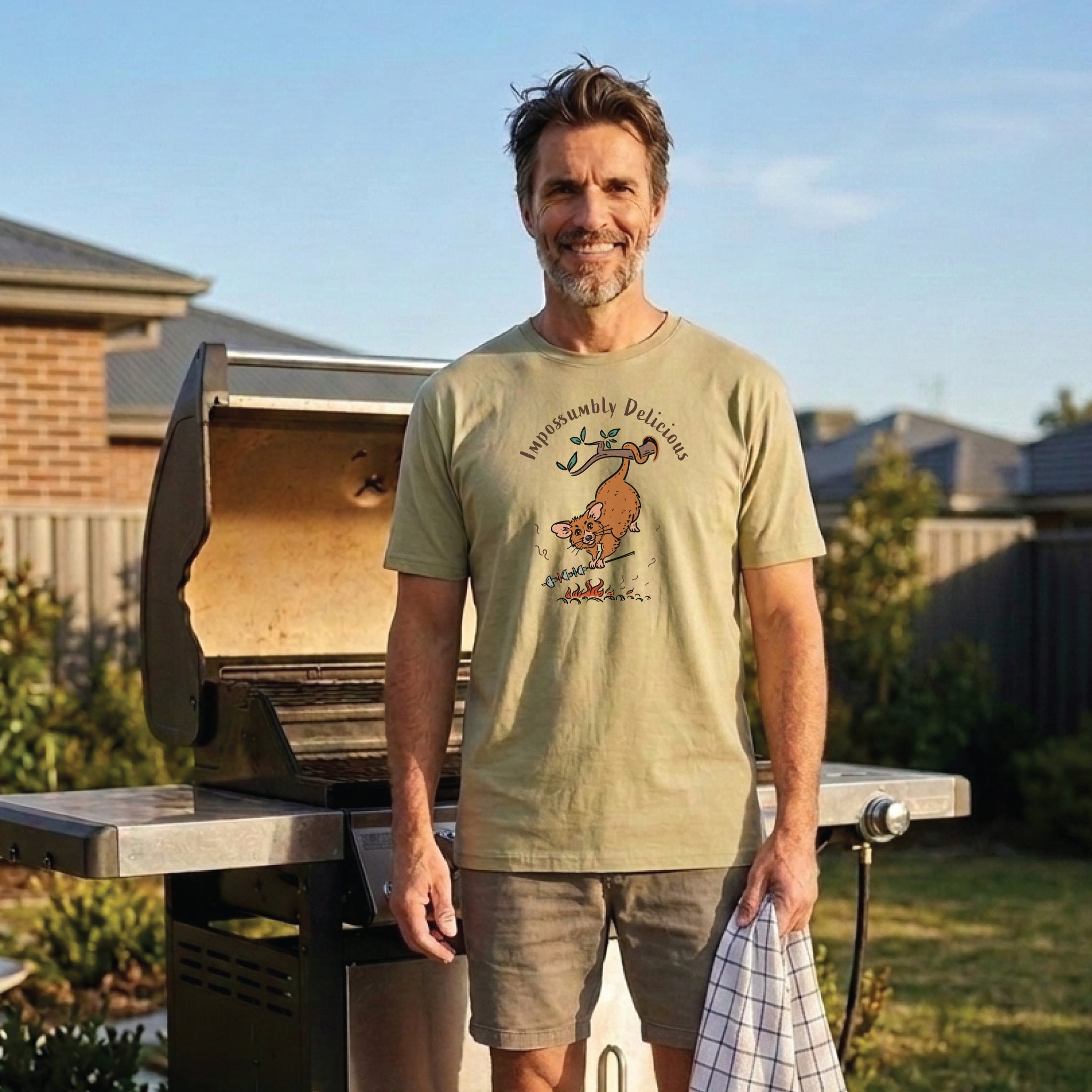 Man wearing an Impossumbly Delicious possum t-shirt outdoors, featuring a hand-drawn Australian possum cooking over a campfire
