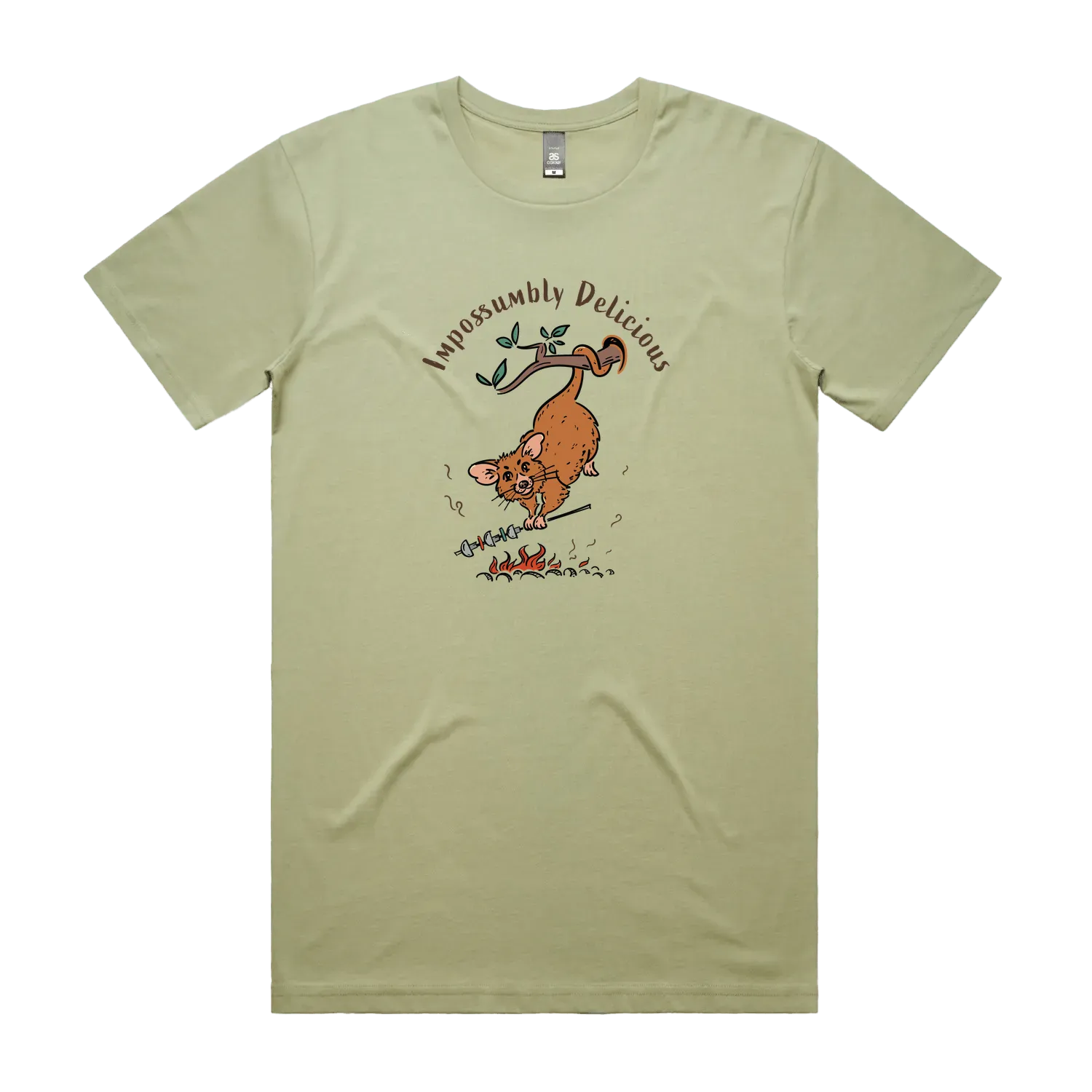 Funny Men's possum t-shirt featuring a hand-drawn Australian possum hanging from a branch and cooking over an open fire with Impossumbly Delicious slogan, perfect as a gift