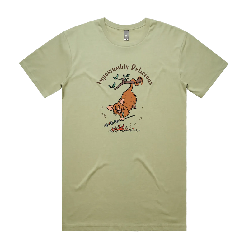 Funny Men's possum t-shirt featuring a hand-drawn Australian possum hanging from a branch and cooking over an open fire with Impossumbly Delicious slogan, perfect as a gift