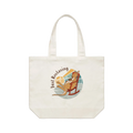 Funny kangaroo tote bag featuring a hand-drawn Australian kangaroo relaxing with a cup of tea on a cotton shoulder bag by Wooby.