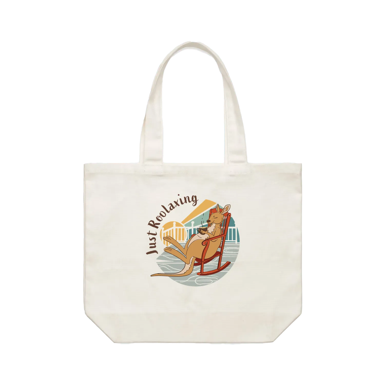 Funny kangaroo tote bag featuring a hand-drawn Australian kangaroo relaxing with a cup of tea on a cotton shoulder bag by Wooby.