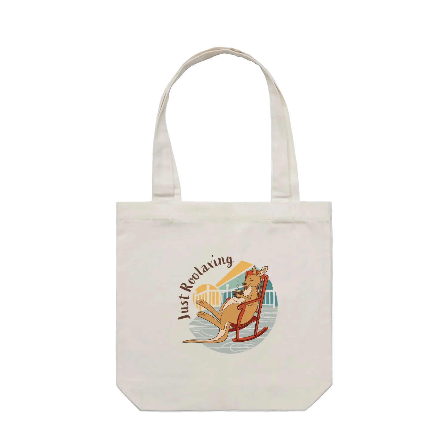 Funny kangaroo tote bag with hand-drawn kangaroo relaxing in a chair with tea