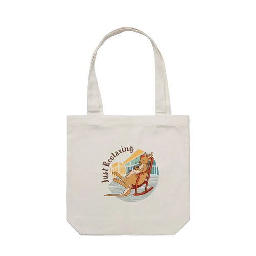 Funny kangaroo tote bag with hand-drawn kangaroo relaxing in a chair with tea