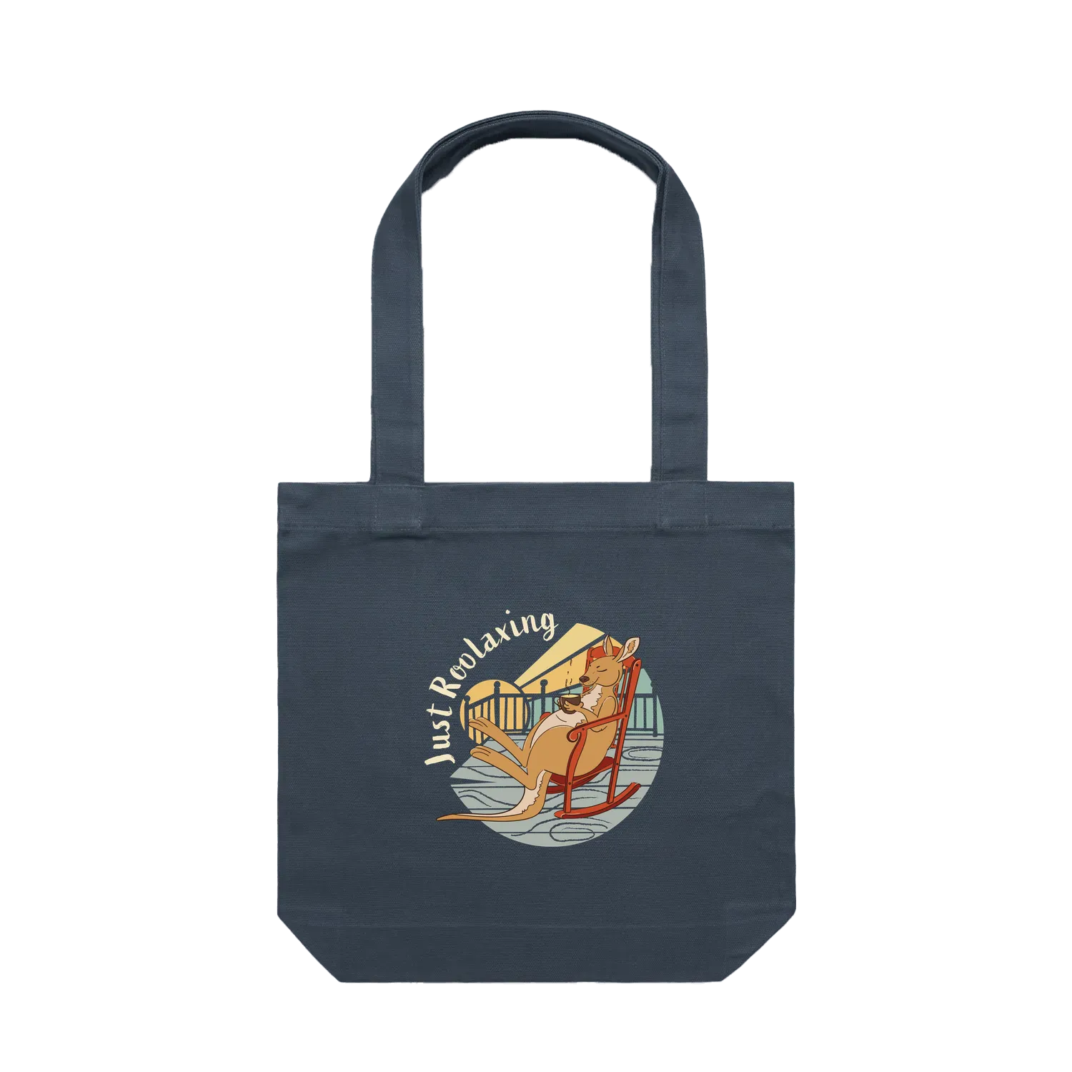 Funny kangaroo tote bag with hand-drawn kangaroo relaxing in a chair with tea