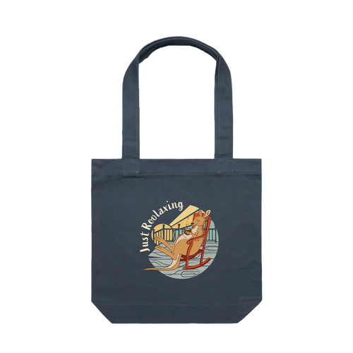 Funny kangaroo tote bag with hand-drawn kangaroo relaxing in a chair with tea