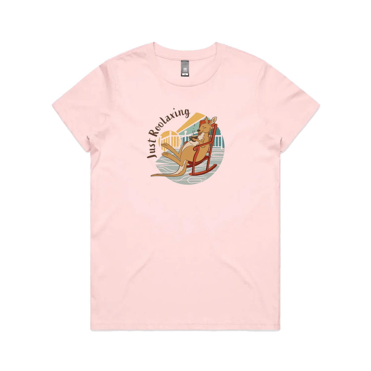 Funny women’s pink t-shirt with hand-drawn relaxed kangaroo design