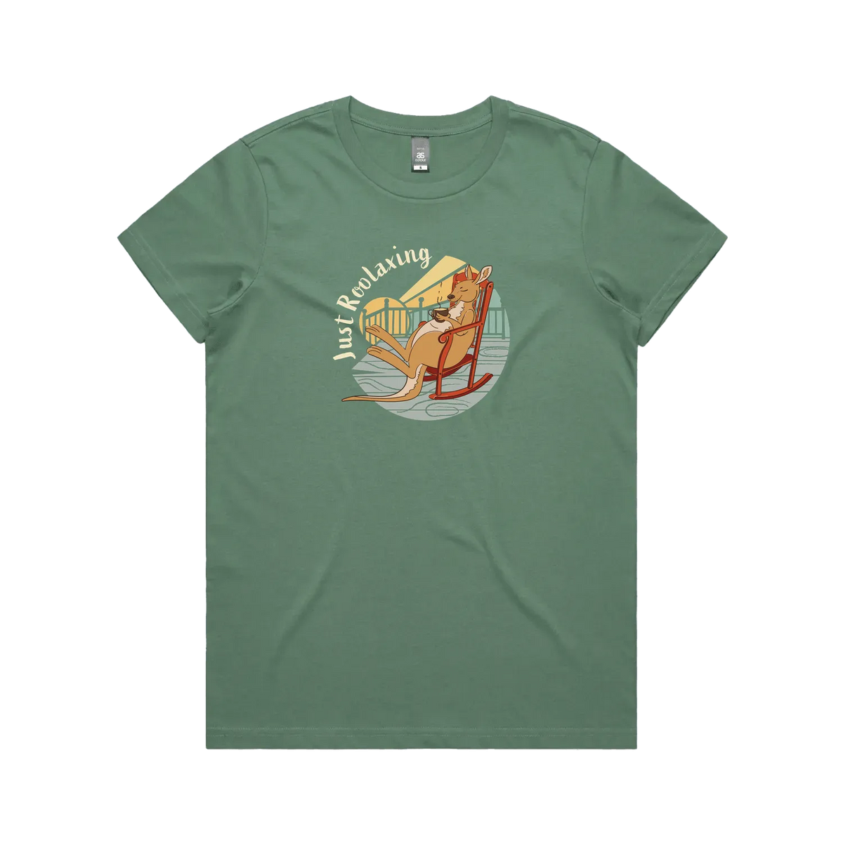 Funny women’s sage t-shirt with hand-drawn relaxed kangaroo design