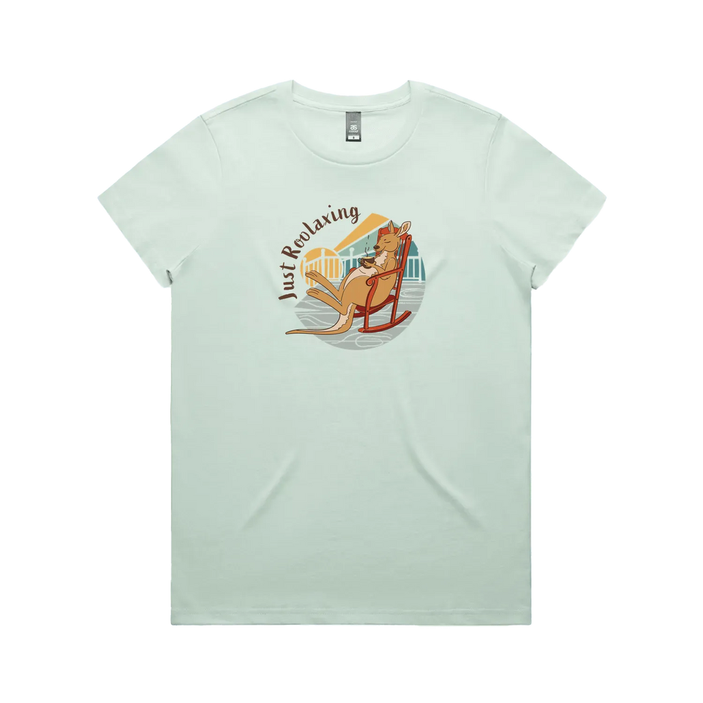 Funny women’s seafoam t-shirt with hand-drawn relaxed kangaroo design