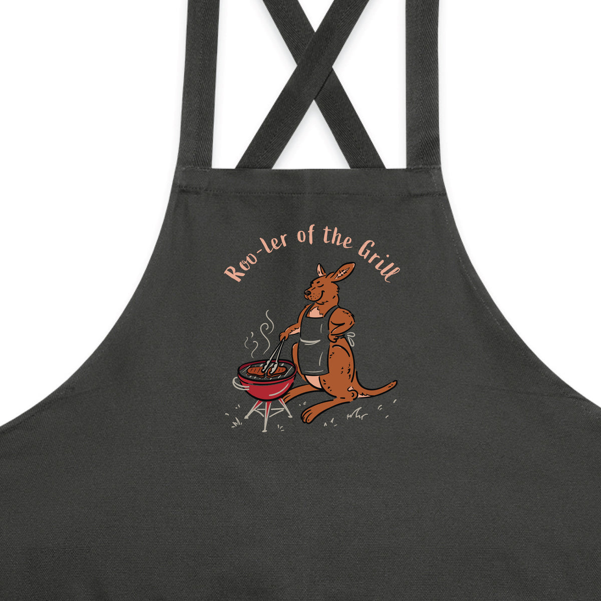 Kangaroo BBQ cotton canvas apron featuring a hand-drawn kangaroo cooking at a barbecue with Roo-ler of the Grill slogan