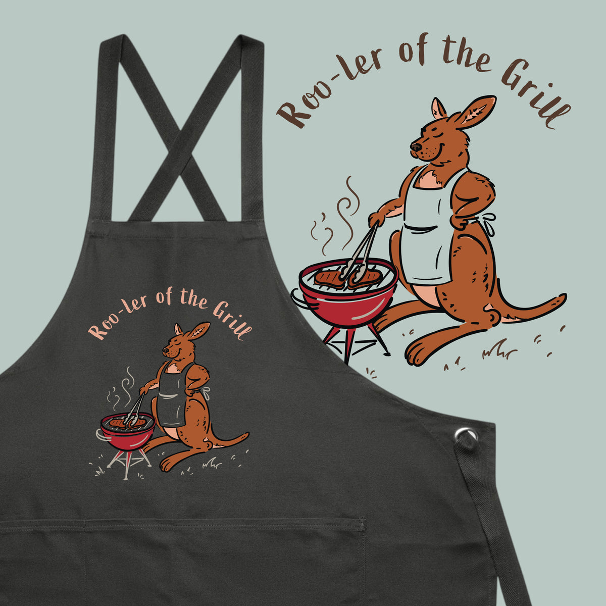 Kangaroo BBQ cotton canvas apron featuring a hand-drawn kangaroo cooking at a barbecue with Roo-ler of the Grill slogan