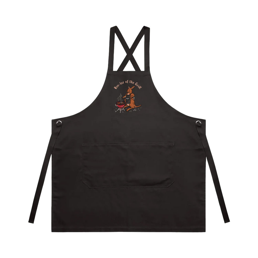 Kangaroo BBQ cotton canvas apron featuring a hand-drawn kangaroo cooking at a barbecue with Roo-ler of the Grill slogan