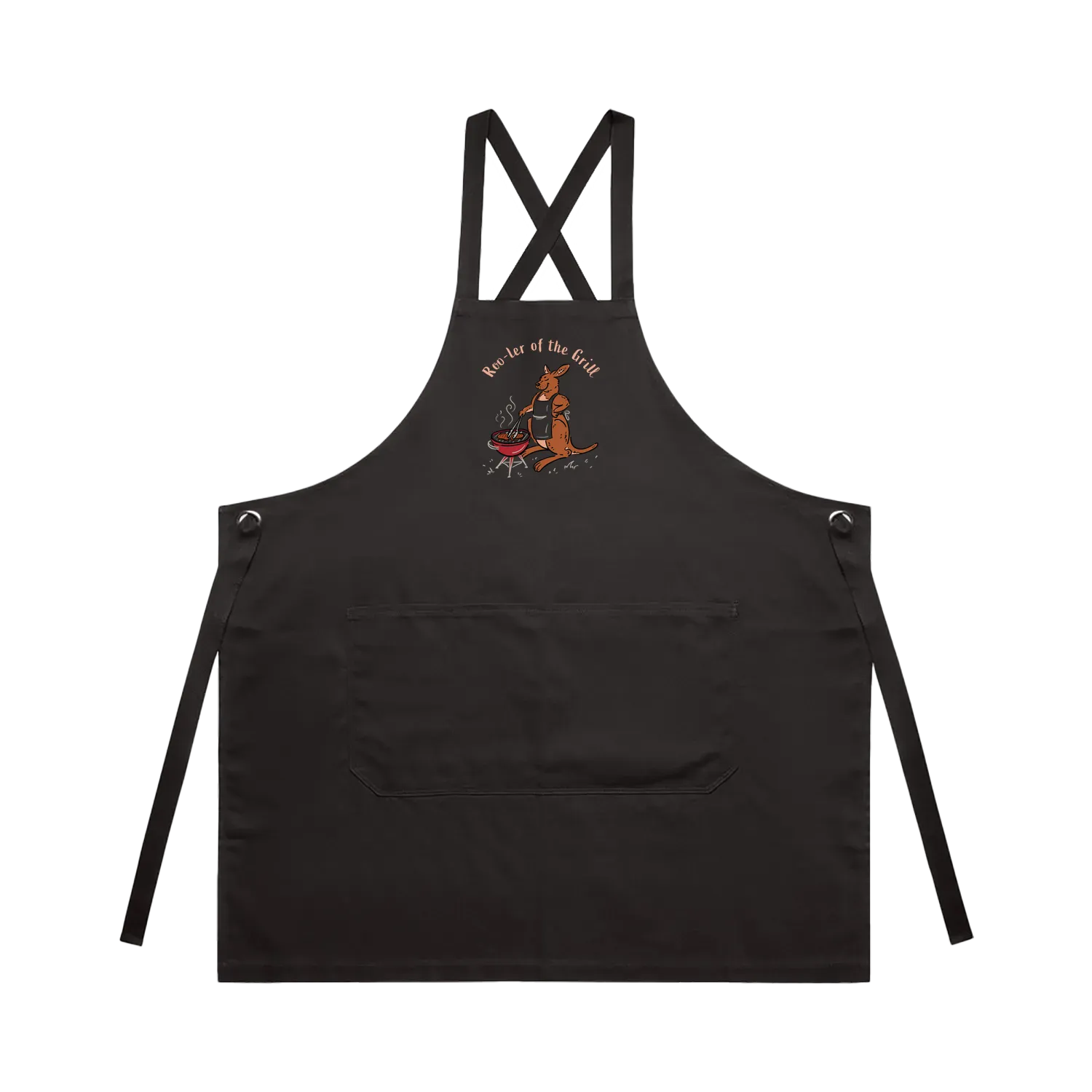 Kangaroo BBQ cotton canvas apron featuring a hand-drawn kangaroo cooking at a barbecue with Roo-ler of the Grill slogan