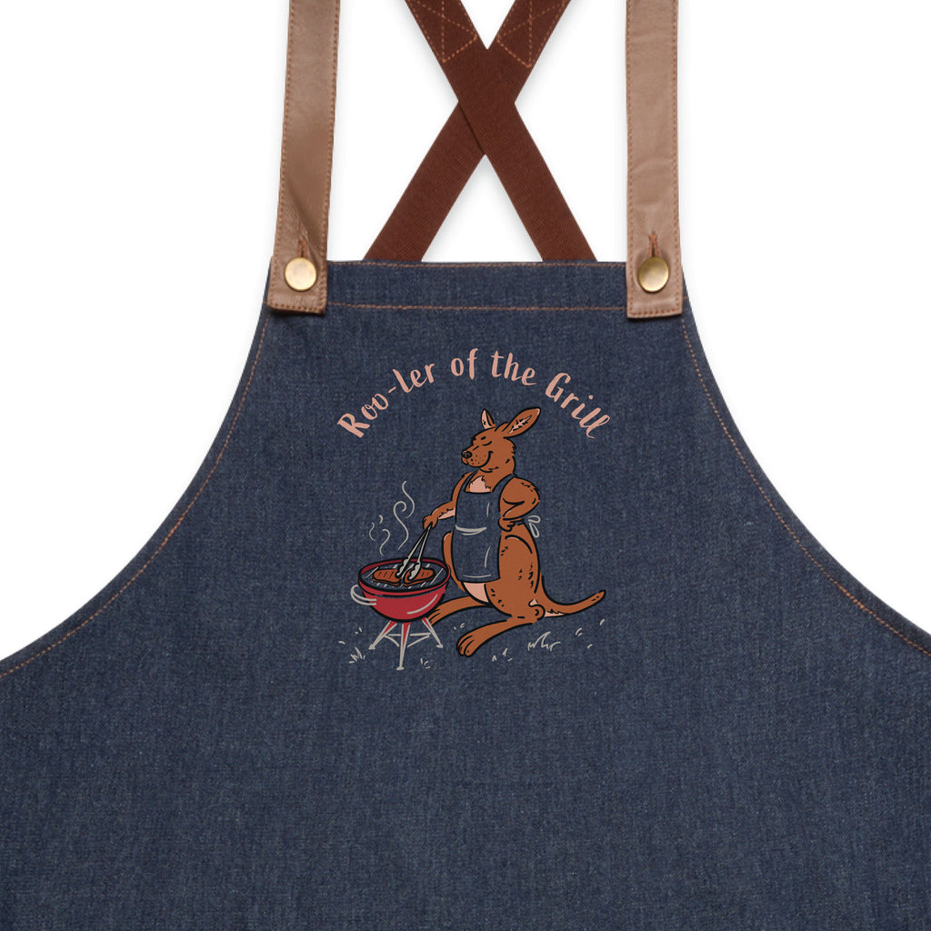 Kangaroo BBQ denim apron featuring a hand-drawn kangaroo cooking at a barbecue with Roo-ler of the Grill slogan