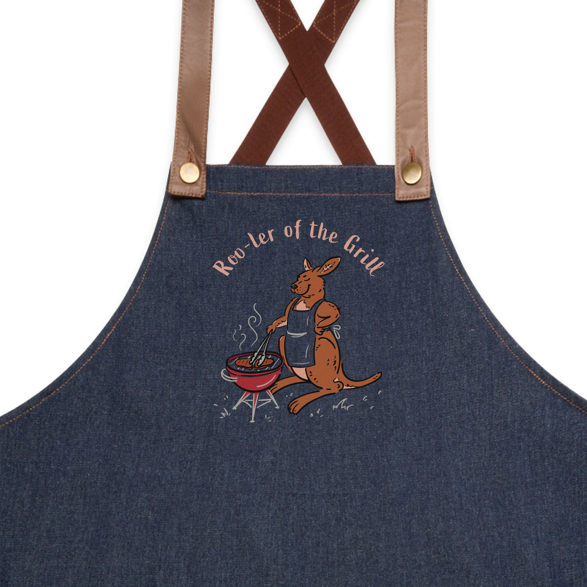 Kangaroo BBQ denim apron featuring a hand-drawn kangaroo cooking at a barbecue with Roo-ler of the Grill slogan