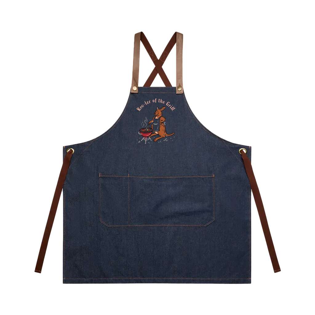 Kangaroo BBQ denim apron featuring a hand-drawn kangaroo cooking at a barbecue with Roo-ler of the Grill slogan