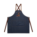 Kangaroo BBQ denim apron featuring a hand-drawn kangaroo cooking at a barbecue with Roo-ler of the Grill slogan