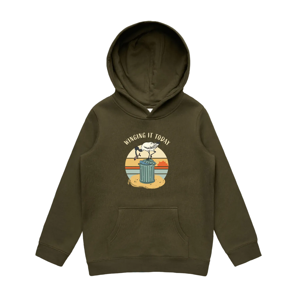 Kids army ibis hoodie featuring a cute, funny hand-drawn ibis design, Winging It Today print