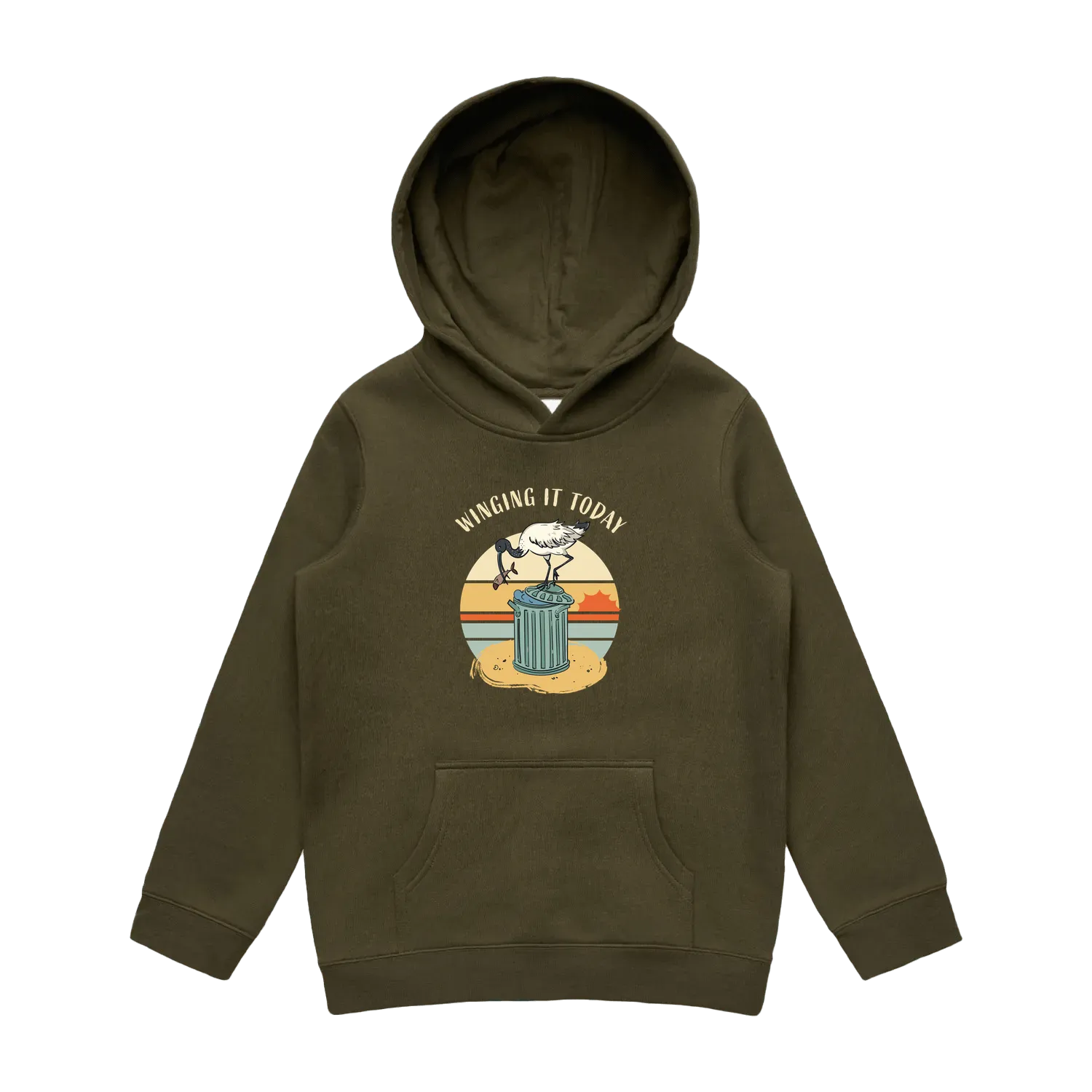 Kids army ibis hoodie featuring a cute, funny hand-drawn ibis design, Winging It Today print
