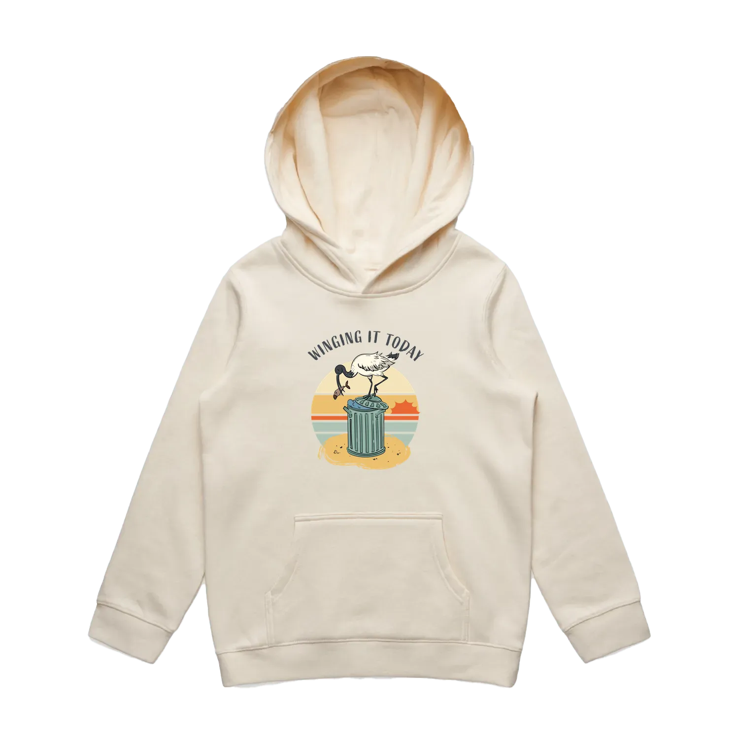 Kids ecru ibis hoodie featuring a cute, funny hand-drawn ibis design, Winging It Today print
