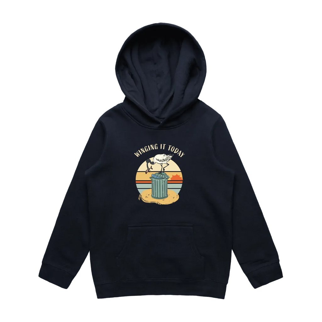 Kids navy ibis hoodie featuring a cute, funny hand-drawn ibis design, Winging It Today print
