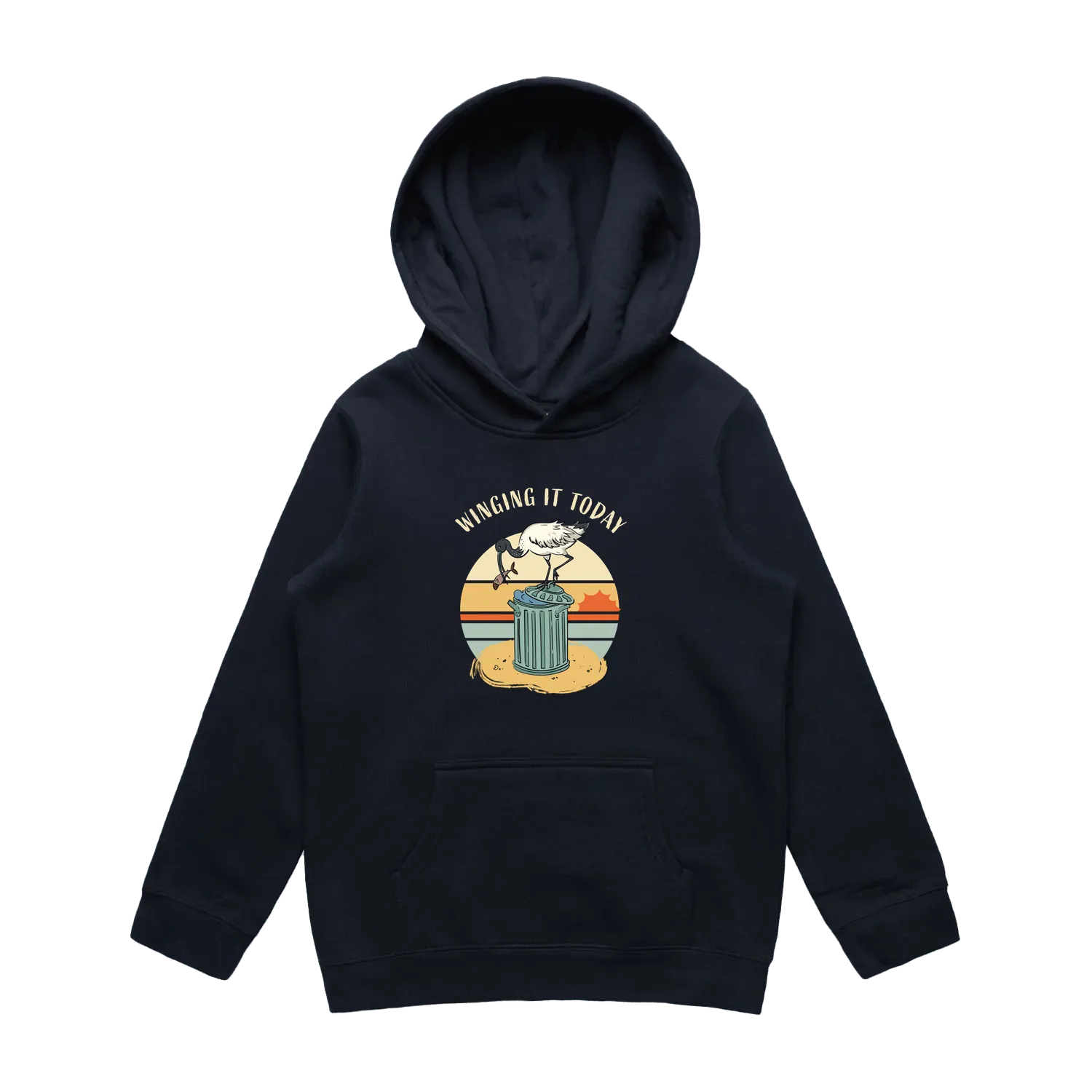 Kids navy ibis hoodie featuring a cute, funny hand-drawn ibis design, Winging It Today print