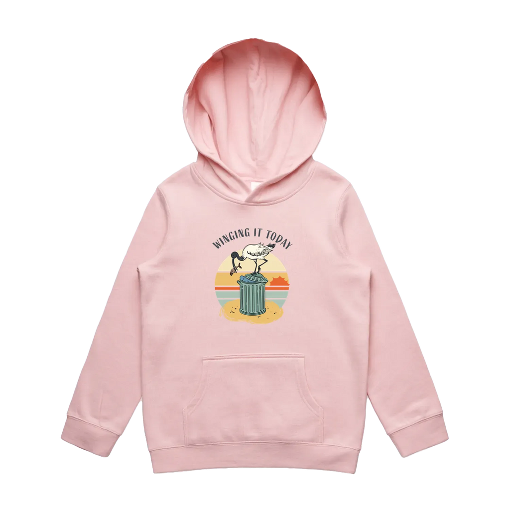 Kids pink ibis hoodie featuring a cute, funny hand-drawn ibis design, Winging It Today print