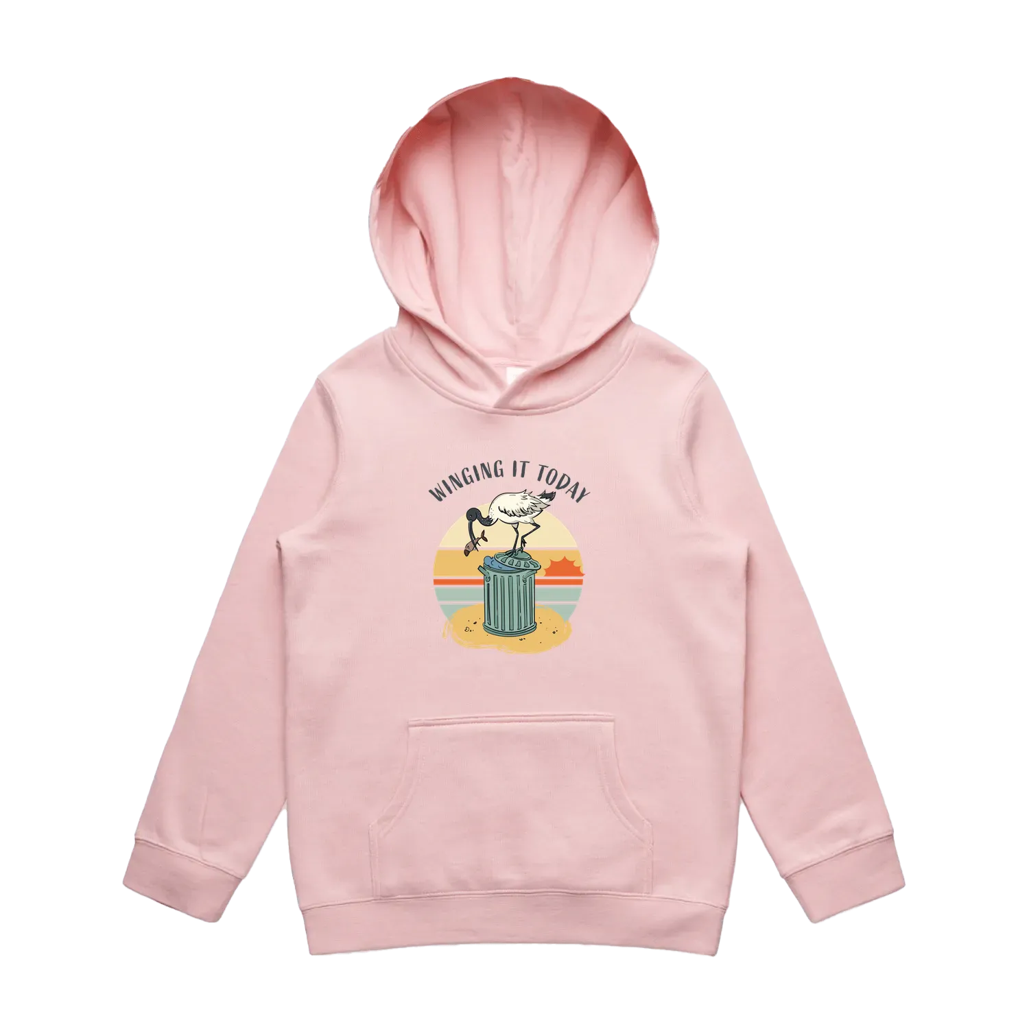 Kids pink ibis hoodie featuring a cute, funny hand-drawn ibis design, Winging It Today print