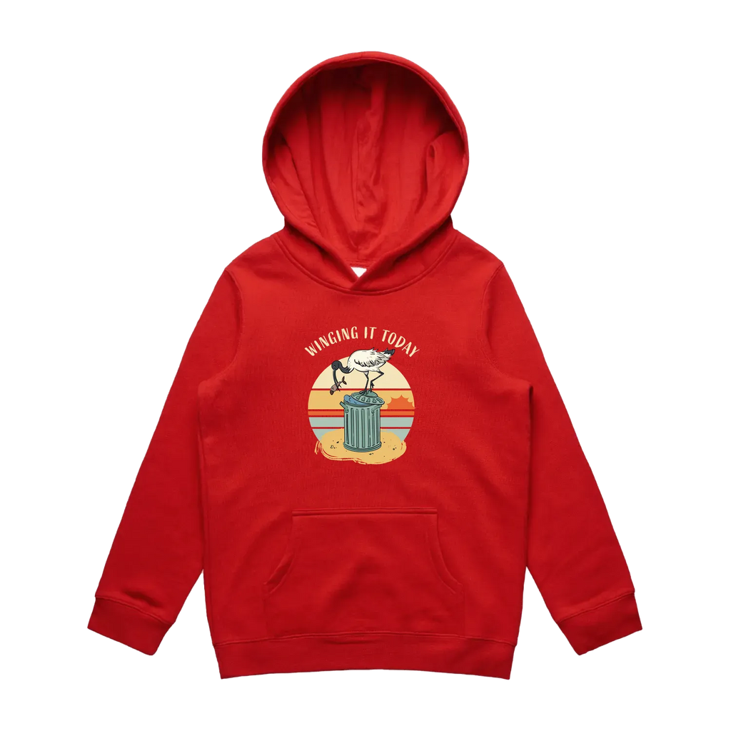 Kids red ibis hoodie featuring a cute, funny hand-drawn ibis design, Winging It Today print