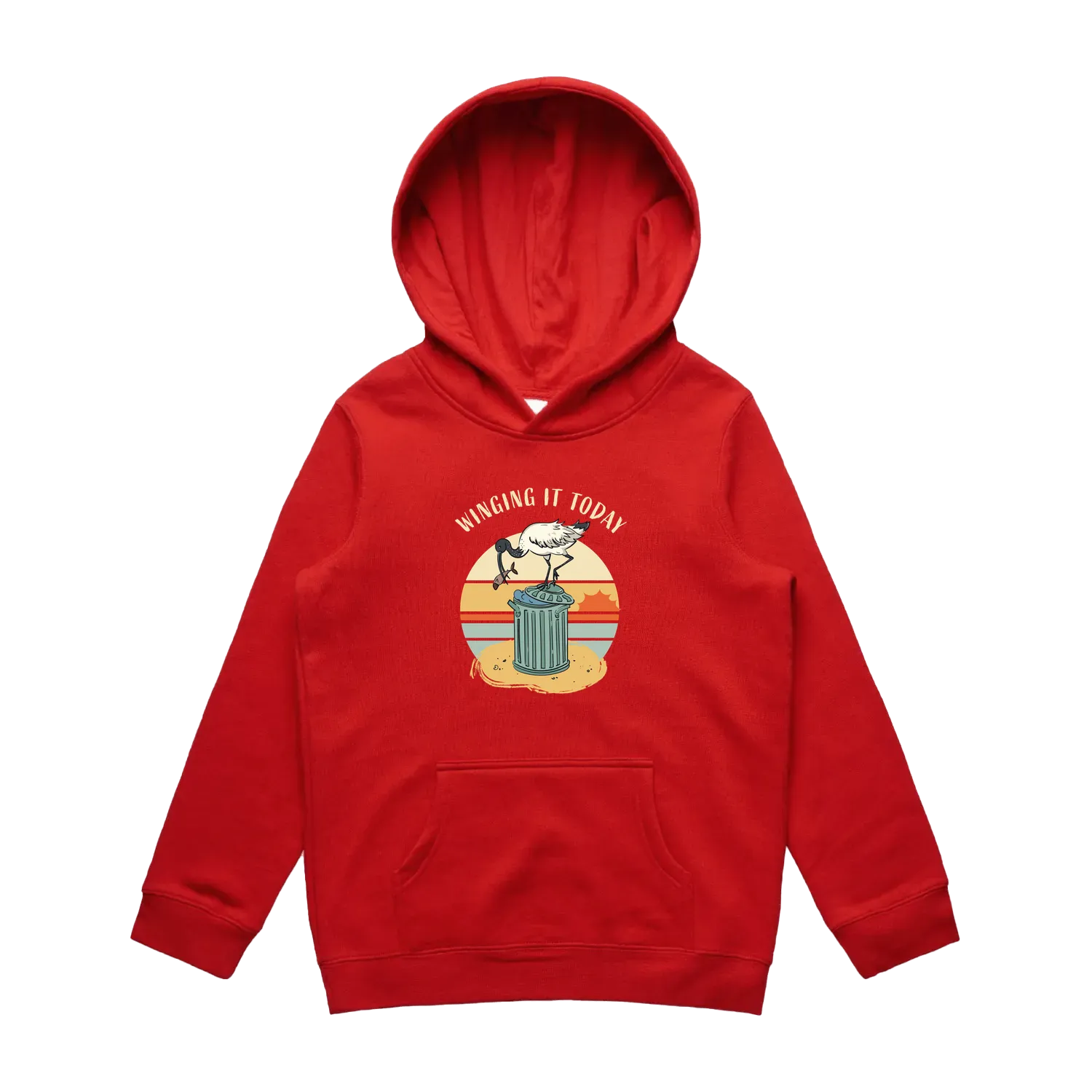 Kids red ibis hoodie featuring a cute, funny hand-drawn ibis design, Winging It Today print