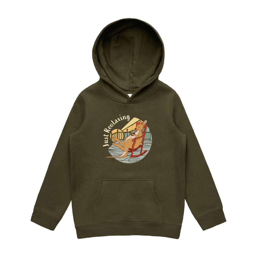 Kids army kangaroo hoodie featuring a cute, funny hand-drawn kangaroo design, Just Roolaxing print
