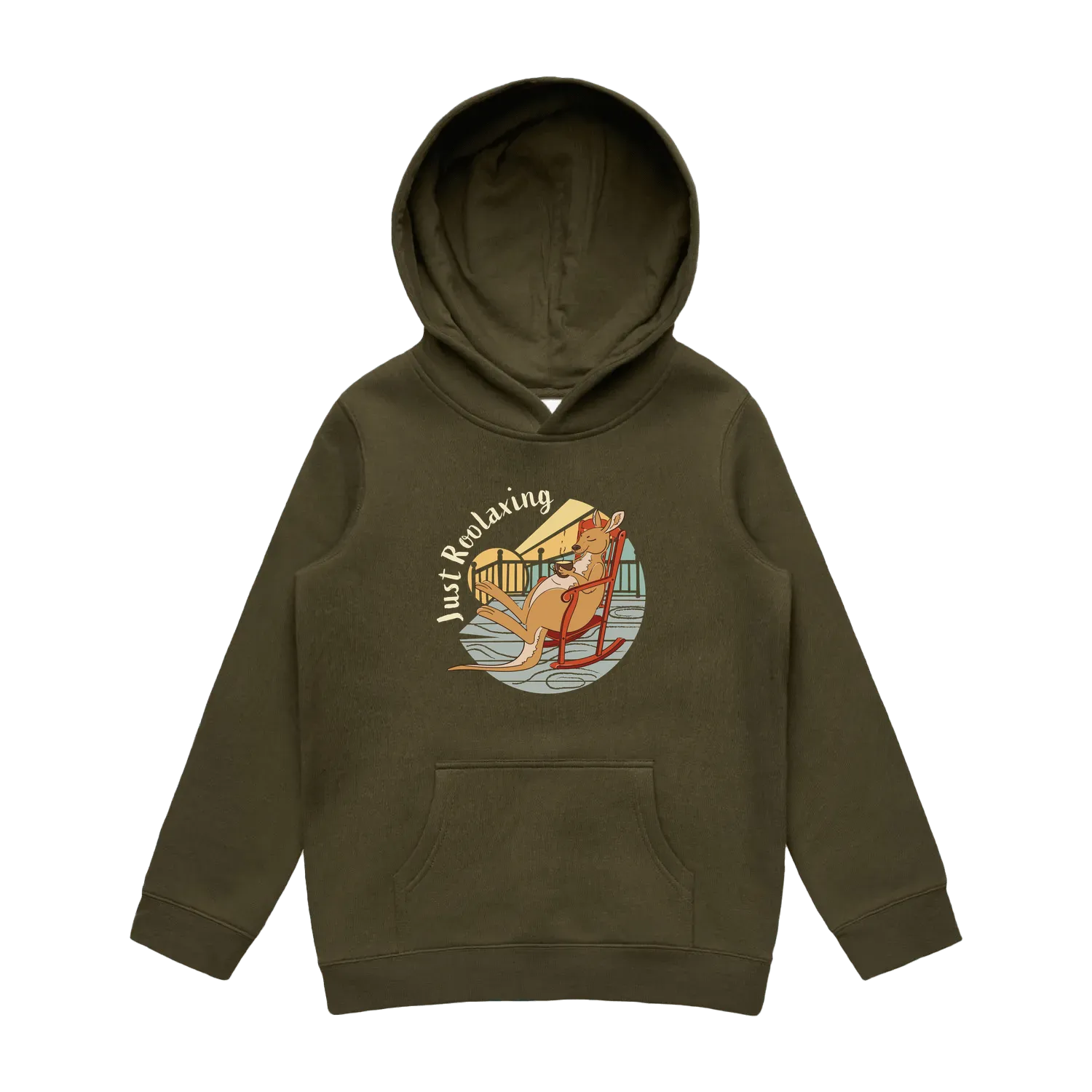 Kids army kangaroo hoodie featuring a cute, funny hand-drawn kangaroo design, Just Roolaxing print