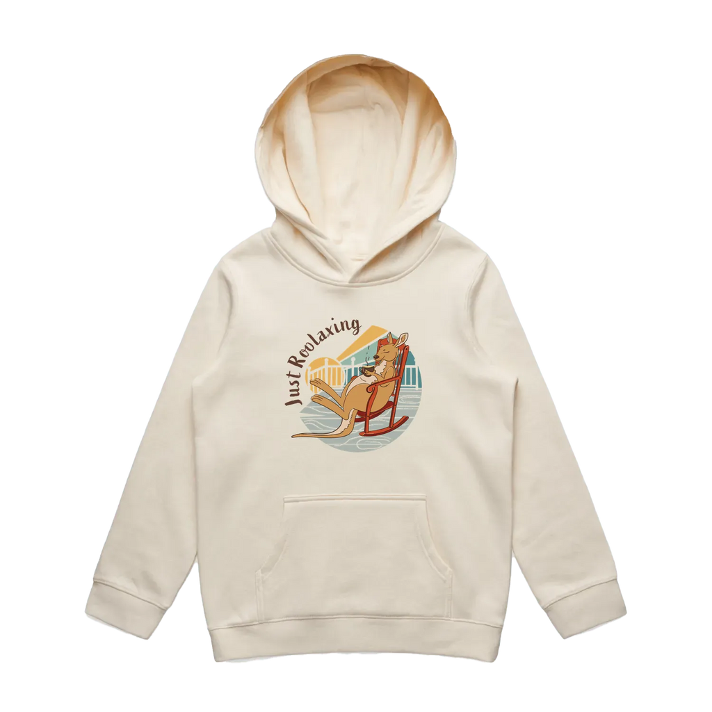 Kids ecru kangaroo hoodie featuring a cute, funny hand-drawn kangaroo design, Just Roolaxing print