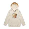 Kids ecru kangaroo hoodie featuring a cute, funny hand-drawn kangaroo design, Just Roolaxing print