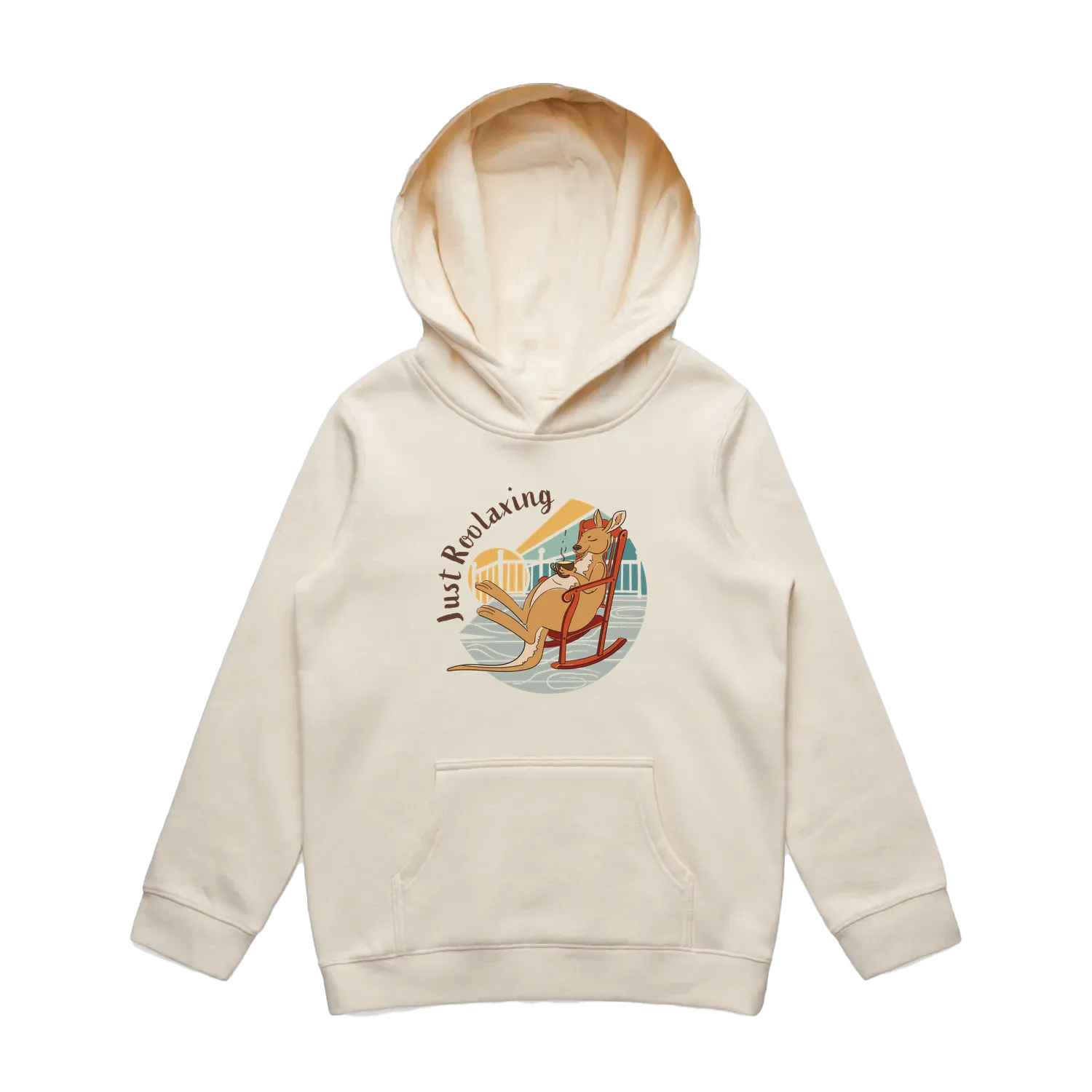 Kids ecru kangaroo hoodie featuring a cute, funny hand-drawn kangaroo design, Just Roolaxing print