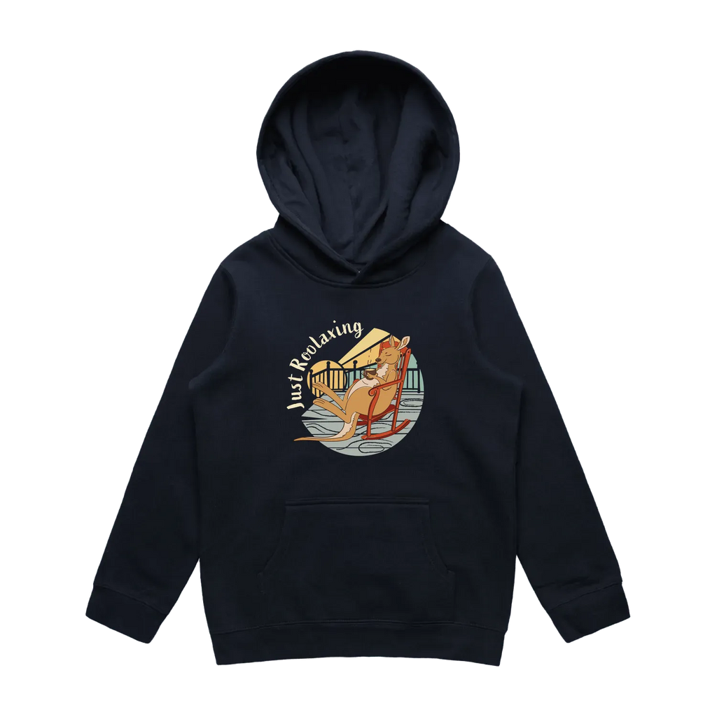 Kids navy kangaroo hoodie featuring a cute, funny hand-drawn kangaroo design, Just Roolaxing print