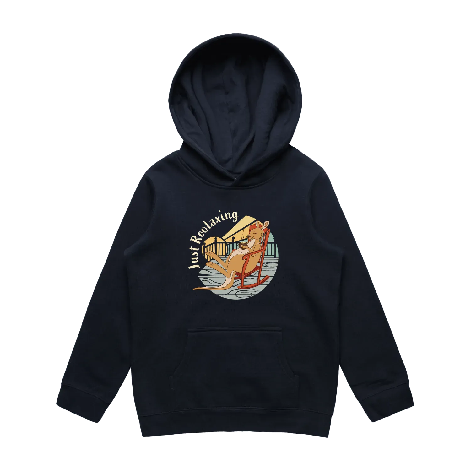 Kids navy kangaroo hoodie featuring a cute, funny hand-drawn kangaroo design, Just Roolaxing print