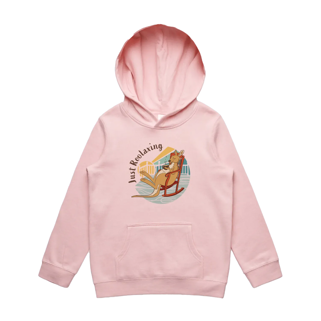 Kids pink kangaroo hoodie featuring a cute, funny hand-drawn kangaroo design, Just Roolaxing print